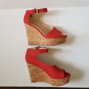 Nine West Orange Leather Buckle Platform Wedge Sandals w/ Peep Toe (size 6.5)